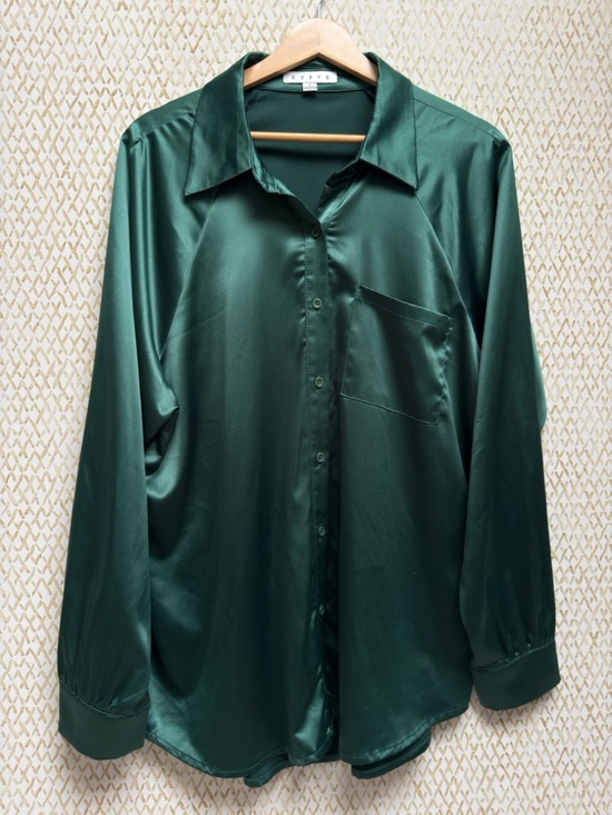HYFVE Tops - HYFVE Satin Button Down Shirt Forest Green Oversized Silky Blouse Size L